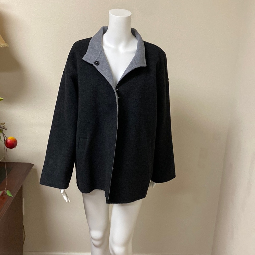 Eileen Fisher wool/cashmere Jacket, Sz L, dark gray, pockets, EUC
